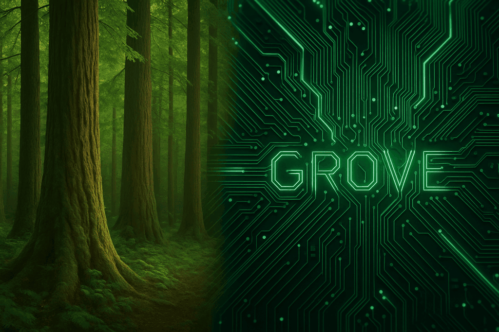 Lush green forest with tall trees, digital circuitry with the word "GROVE" illuminated in a neon green style.